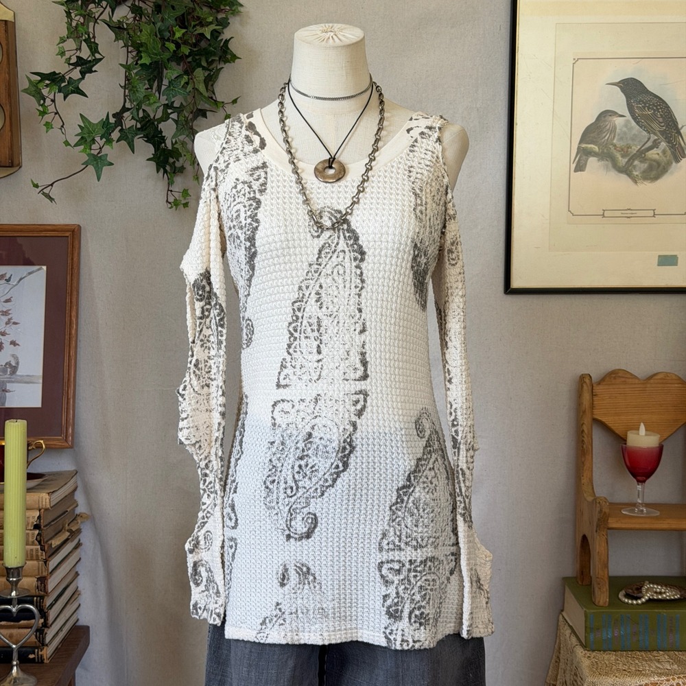 Cream Cold Shoulder Paisley Waffle Knit Top Boho S Fairy Grunge Hippie